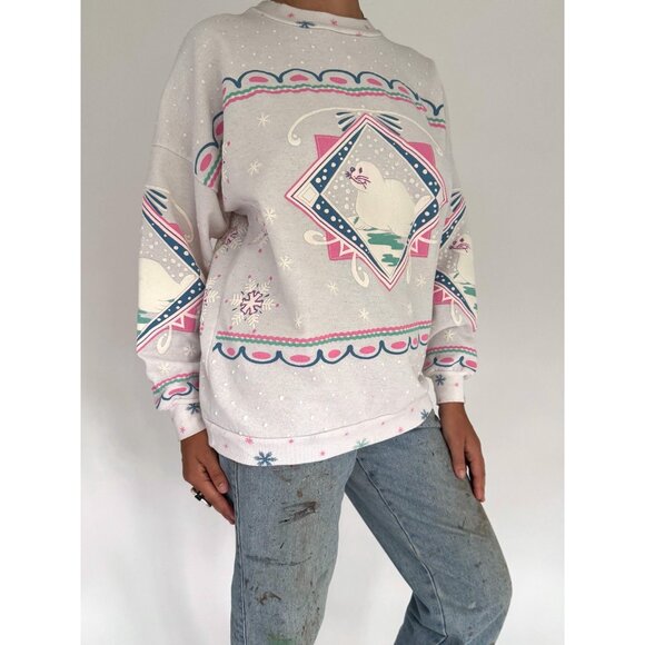 90s vintage seal animal snowy winter holiday graphic cotton pullover sweatshirt - Picture 7 of 10